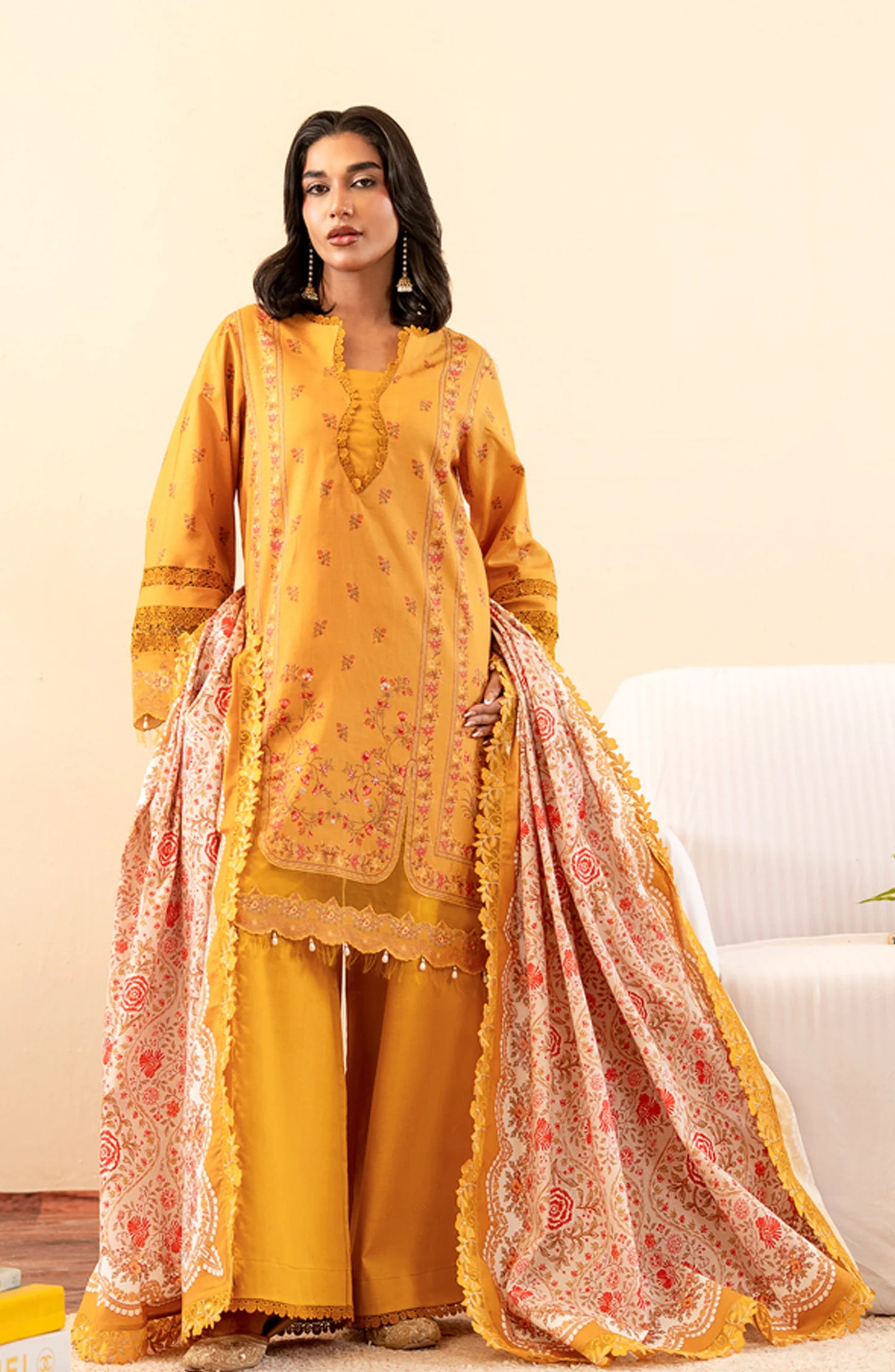 Mausummery Printed Khaddar Unstitched 3 Piece Suit - Amber