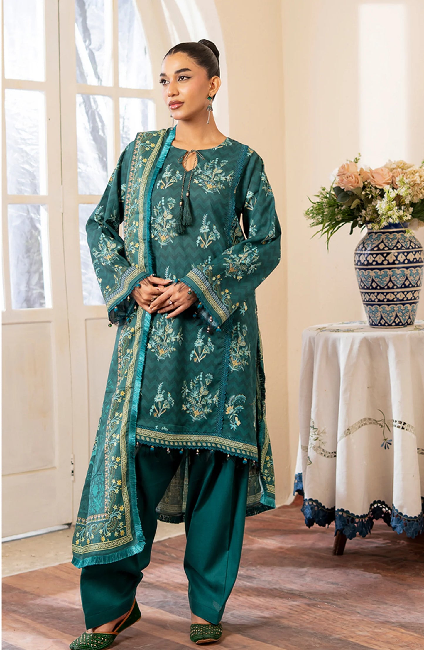 Mausummery Printed Khaddar Unstitched 3 Piece Suit - Emerald - Green - Winter Collection