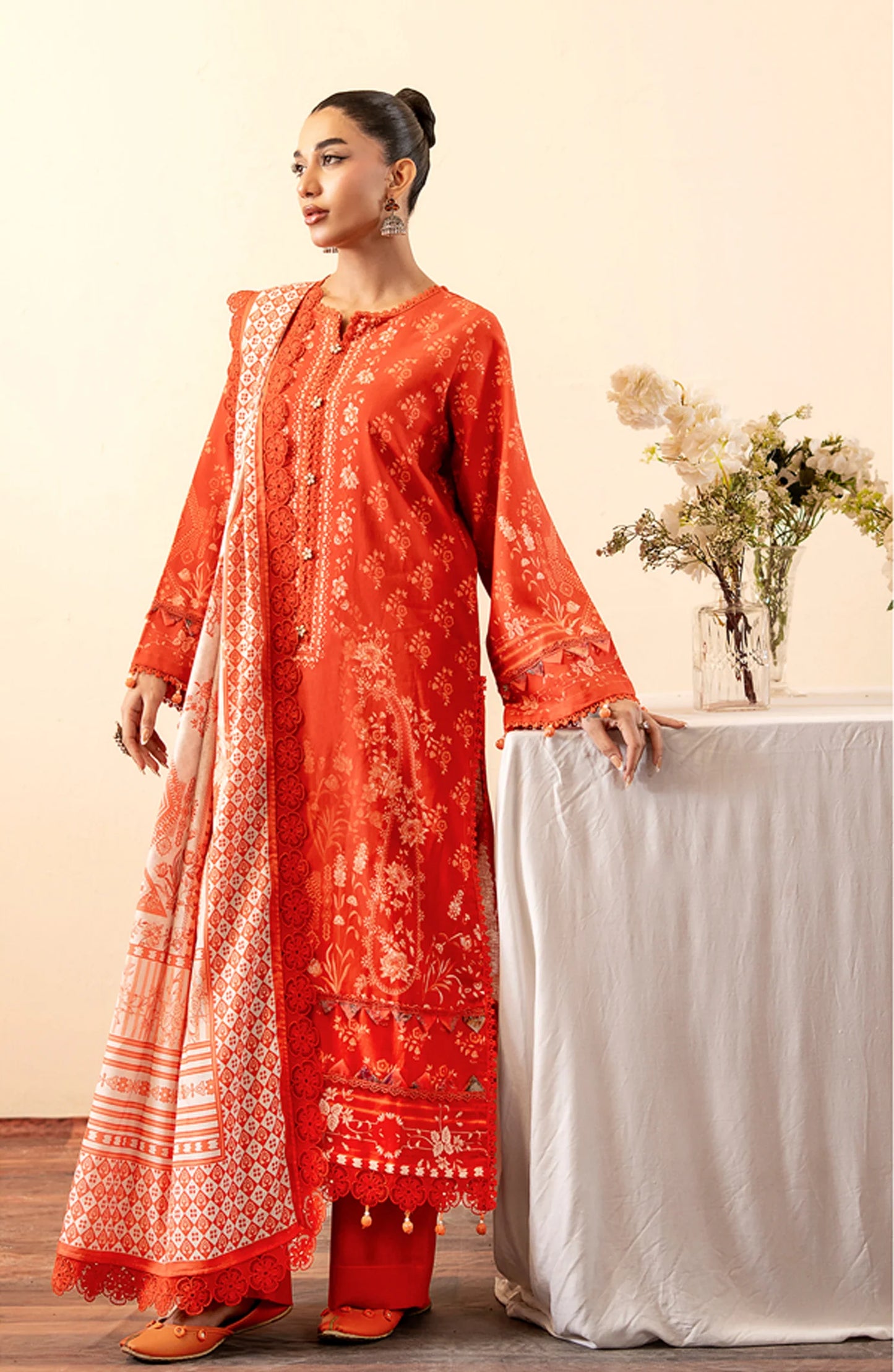 Mausummery Printed Khaddar Unstitched 3 Piece Suit - Coral - Orange - Winter Collection