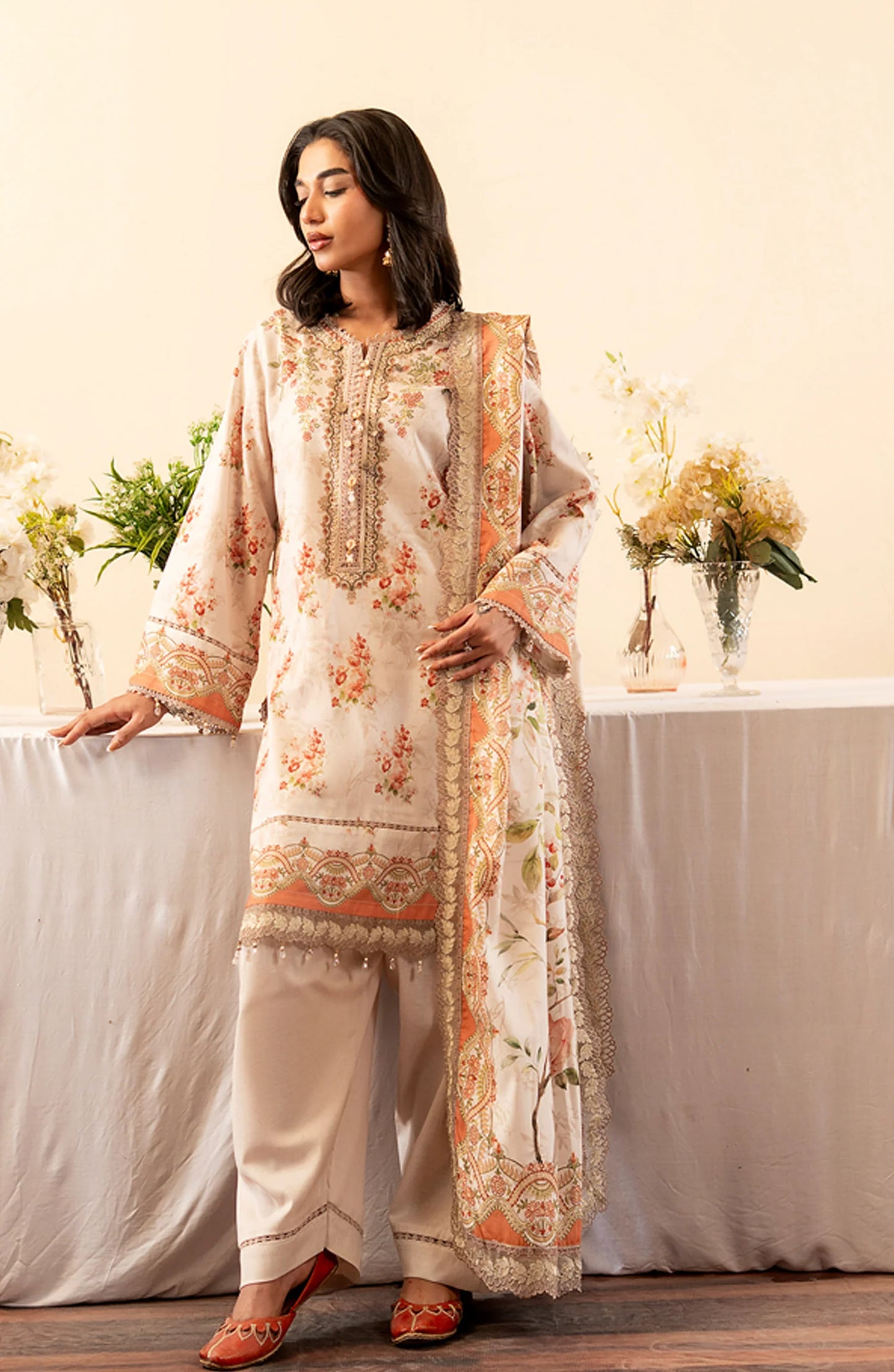 Mausummery Printed Khaddar Unstitched 3 Piece Suit - Opal - Orange - Winter Collection