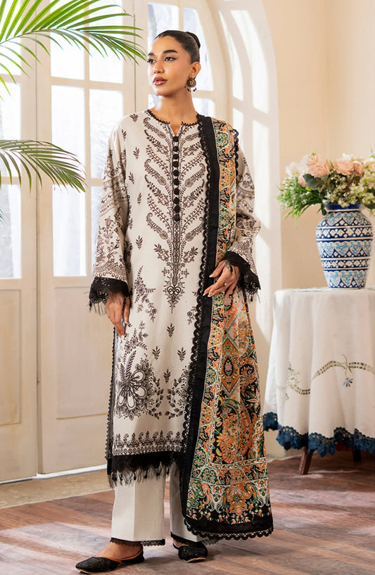 Mausummery Printed Khaddar Unstitched 3 Piece Suit - Pearl -White - Winter Collection