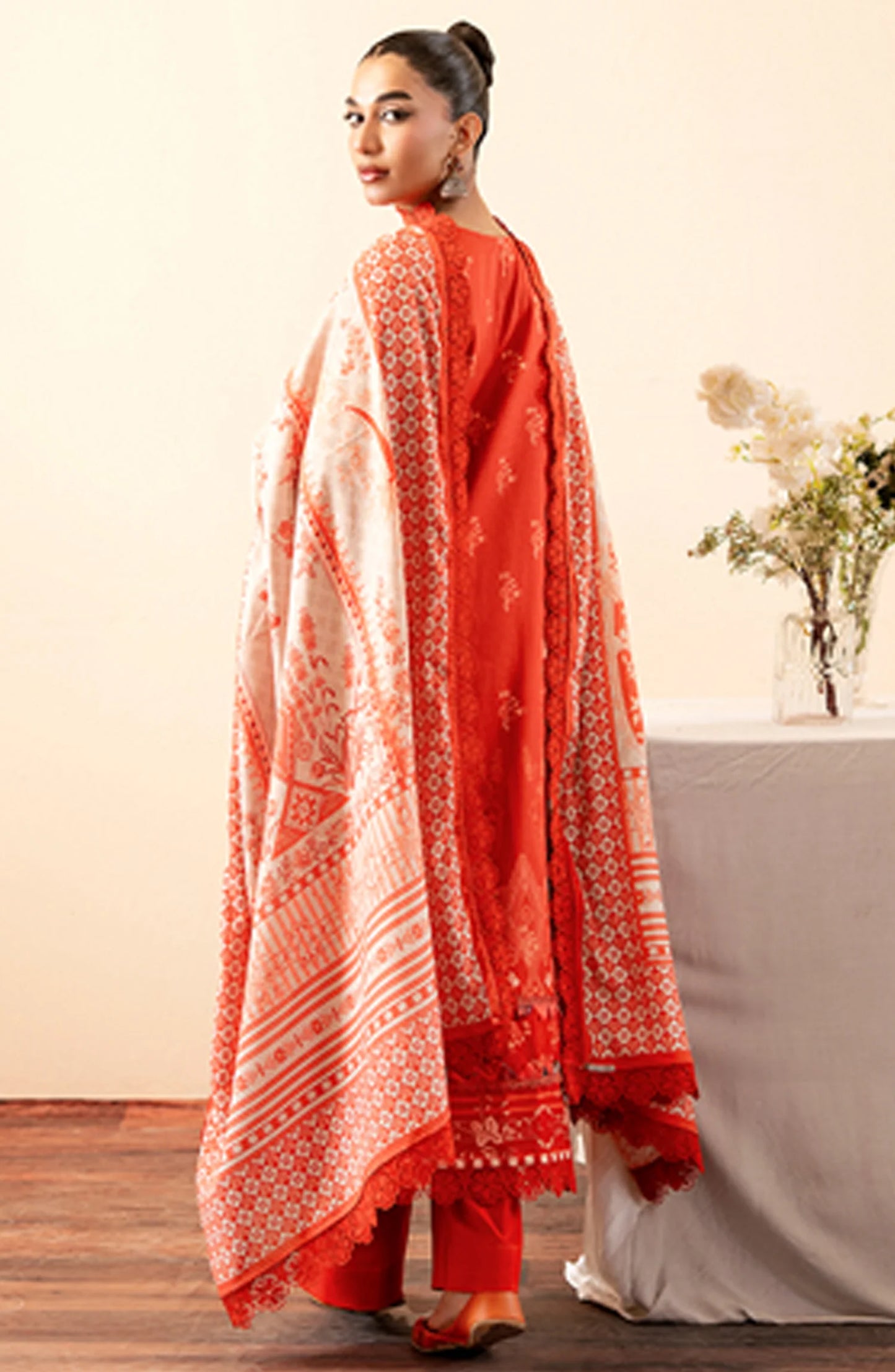 Mausummery Printed Khaddar Unstitched 3 Piece Suit - Coral - Orange - Winter Collection