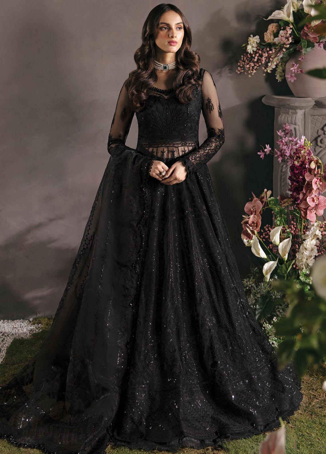La Fuchsia By Afrozeh Embroidered Net Suits Unstitched 3 Piece AF23LFS ALF-23-V1-05 Ebony - Luxury Formal Collection